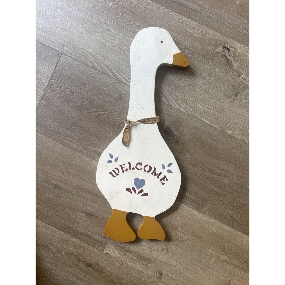 Wood Hanging Welcome Sign Goose Shape Country Style Painted White Yellow